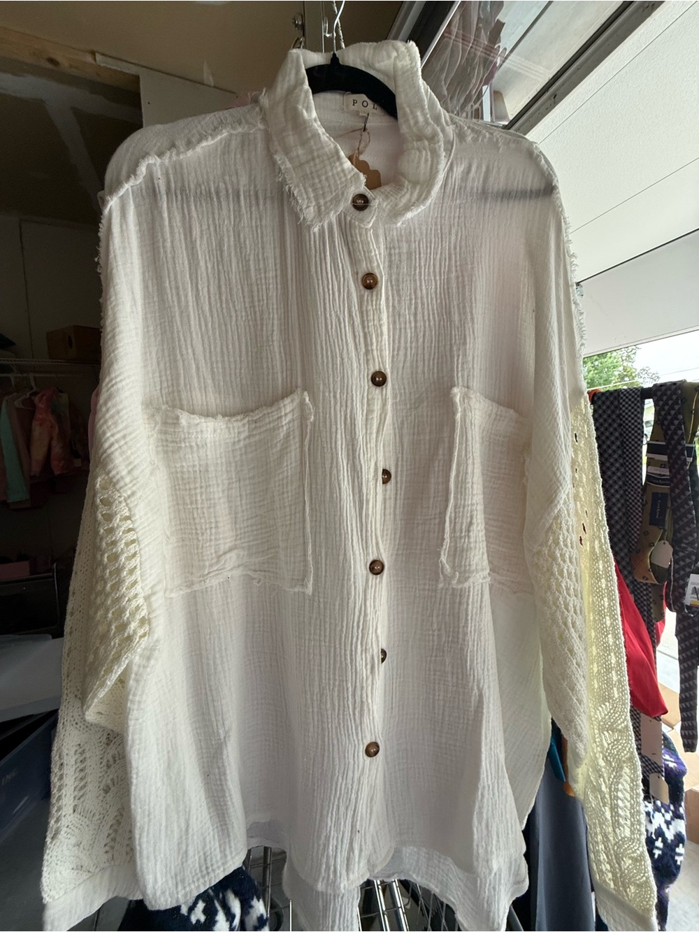 POL White Button-Front Gauze Shirt with Crochet Sleeves